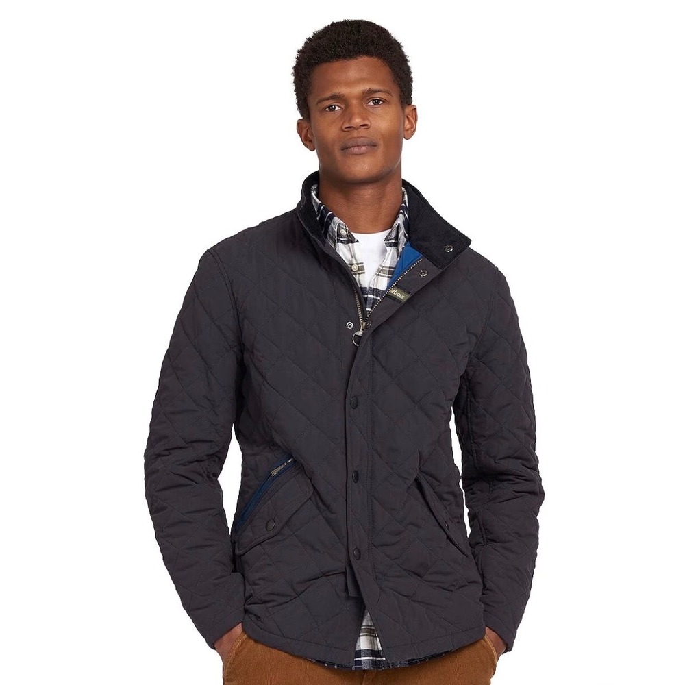 Barbour Mens Navy Blue Diamond Quilted Jacket Corduroy Collar Small MQU0001